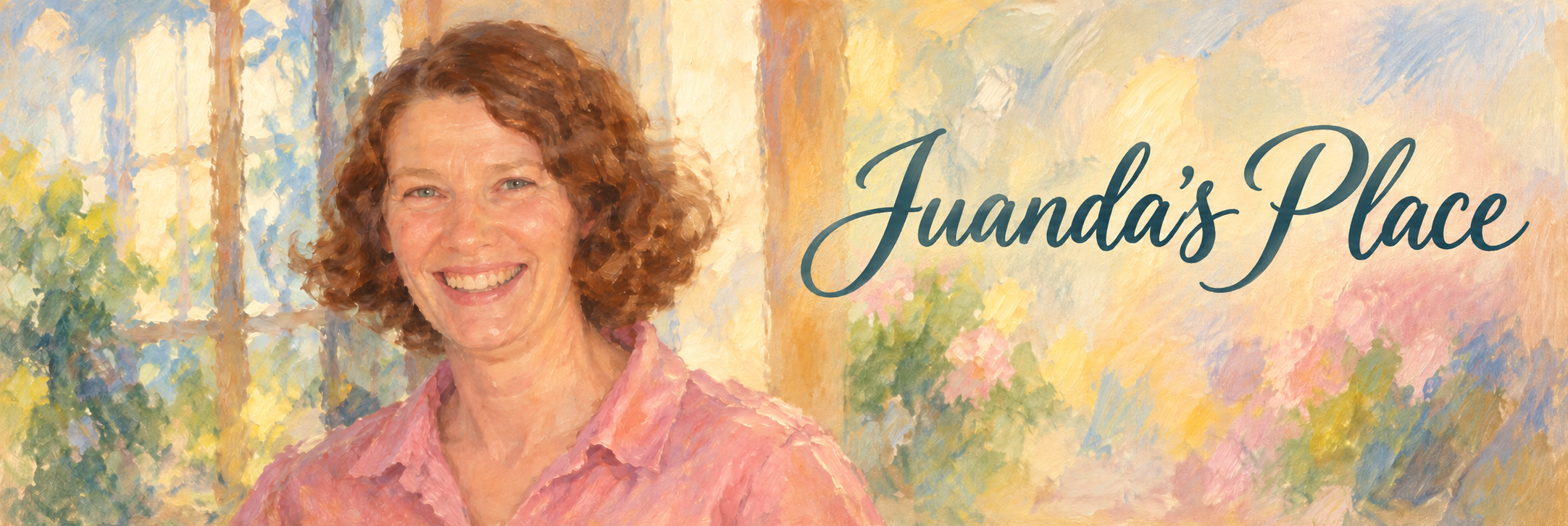 Juanda's Place — Juanda's smiling impressionist portrait with the name in teal script.